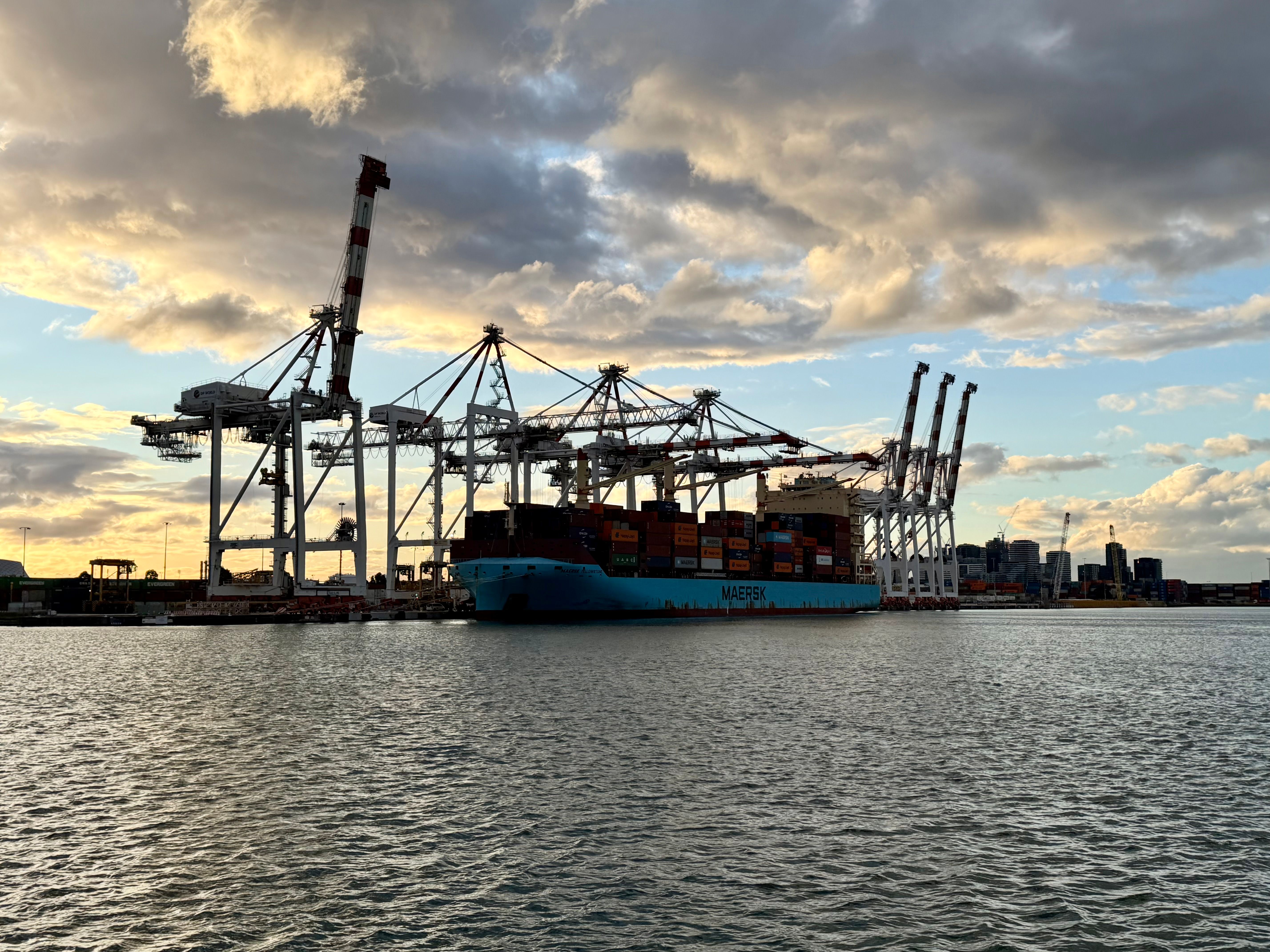 Cargo port at sunset